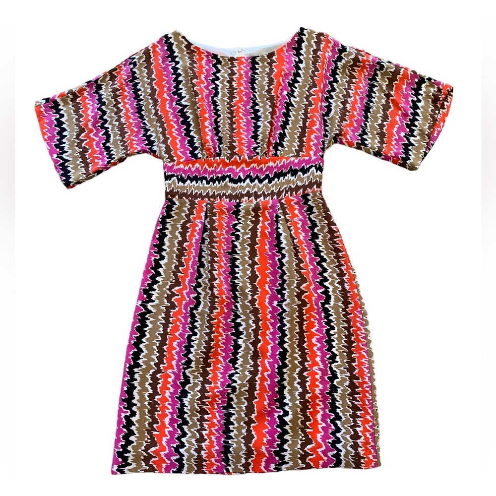 Trina Turk 100% Silk Kimono Style Dress Lined Zig Zag Abstract Pink Orange